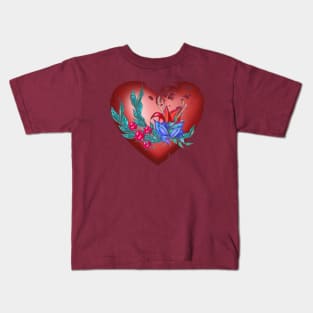 Heart with blue and red flowers and green branches Kids T-Shirt